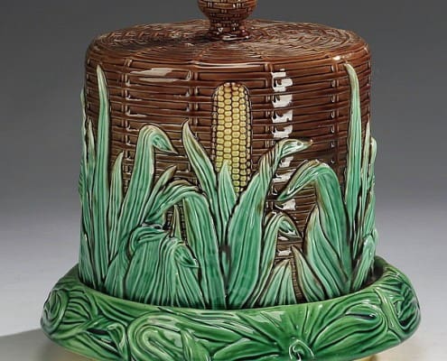 Adams-and-Bromley-majolica-corn-cheese-keeper Corn and basketweave cheese keeper
