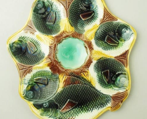 Adams-and-Bromley-majolica-fish-oyster-plate Fish oyster plate with cracker well