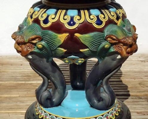 Brown-Westhead-Moore-majolica-elephant-gargoyle-garden-seat Brown-Westhead & Moore gargoyle and elephant trunk garden seat