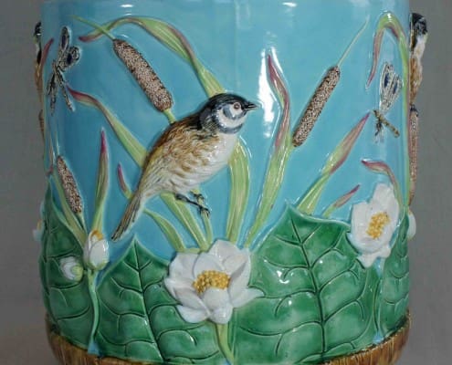George-Jones-majolica-bird-pond-lily-bulrush-garden-seat George Jones bird and pond lily garden seat