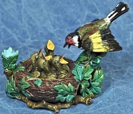 Minton-majolica-bird-nest-inkwell Bird and nest inkwell